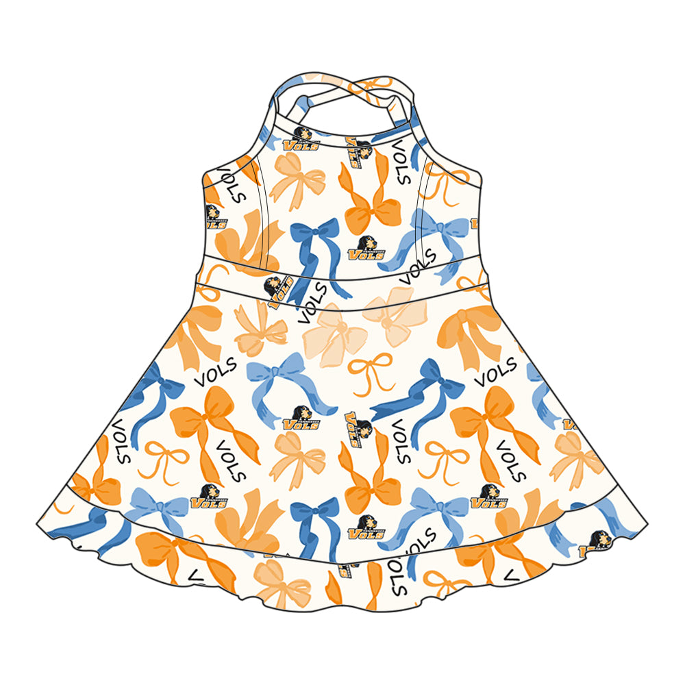 Preorder (moq 5)Baby Girls Strap Blue Yellow Bows Plaid Vols Short Ruffle Team Knee Length Dresses