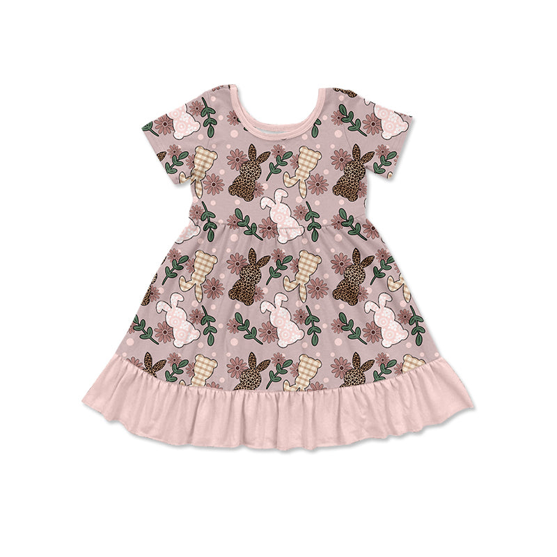 Preorder (moq 5)Baby Girls Leopard Rabbits Flowers Easter Ruffle Knee Length Dresses