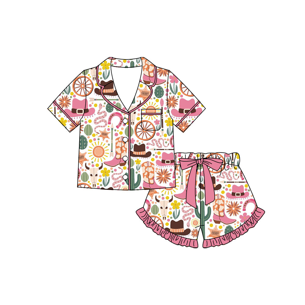 Preorder moq 5 Baby Girls Boots Hats Snakes Button Pocket Top Ruffle Shorts Western Pajamas Sets