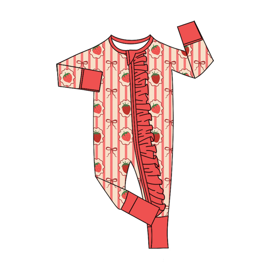 Preorder (moq 5) Baby Girls Bows Strawberry Two Way Ruffle Zip Convertible Rompers