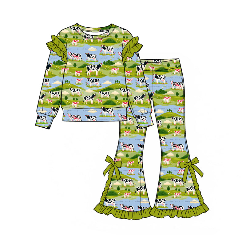 Preorder (moq 5) Girls’ Fall Green Cow Bow Ruffle Long-Sleeve Round-Neck Top with Flare Pants Set