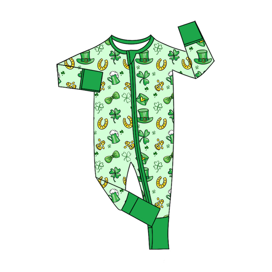 Pre-order(moq5) Baby Girls’ Green Round-Neck Zip-Up Long-Sleeve Bow Romper