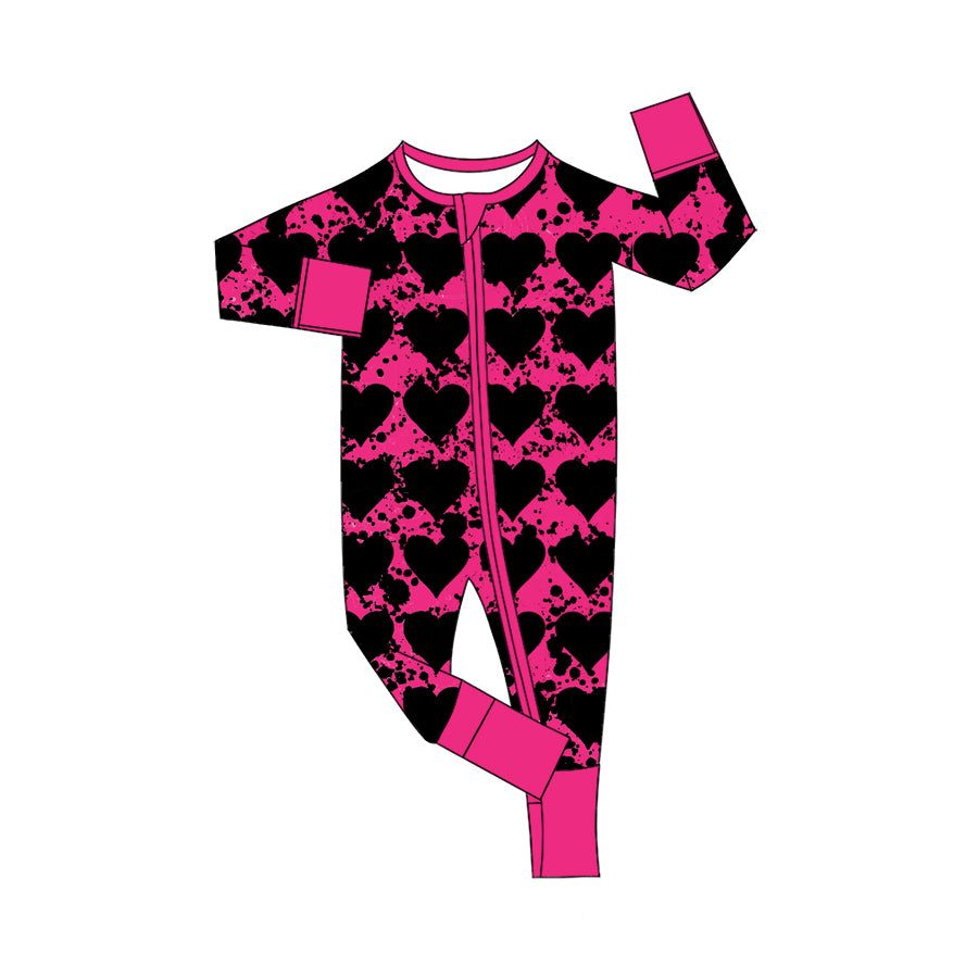 Preorder (moq 5) Baby Girl Clothes Hot Pink Splatter Black Heart Mixed Print Long Sleeve Zip Romper Jumpsuit