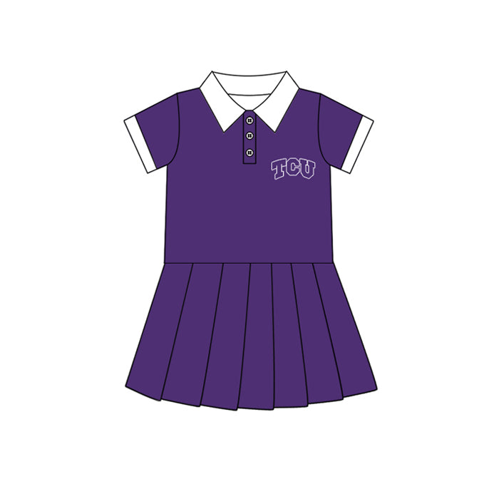 Preorder (moq 5)Baby Girls Purple Short Sleeves Button TCU Team Shorts Knee Length Dresses