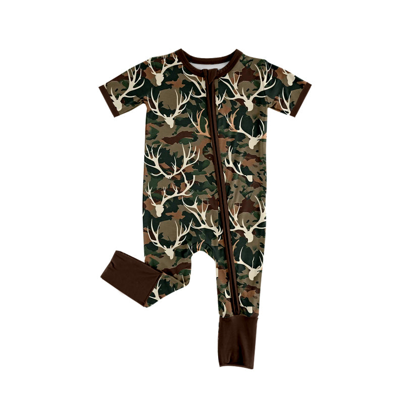 Preorder (moq 5)Baby Boys Short Sleeves Dark Brown Deer Camo Zipper Rompers