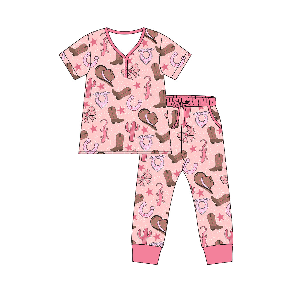 Preorder moq 5 Adult Short Sleeve Hats Boots Cactus Top Pockets Pants Western Pajamas Sets