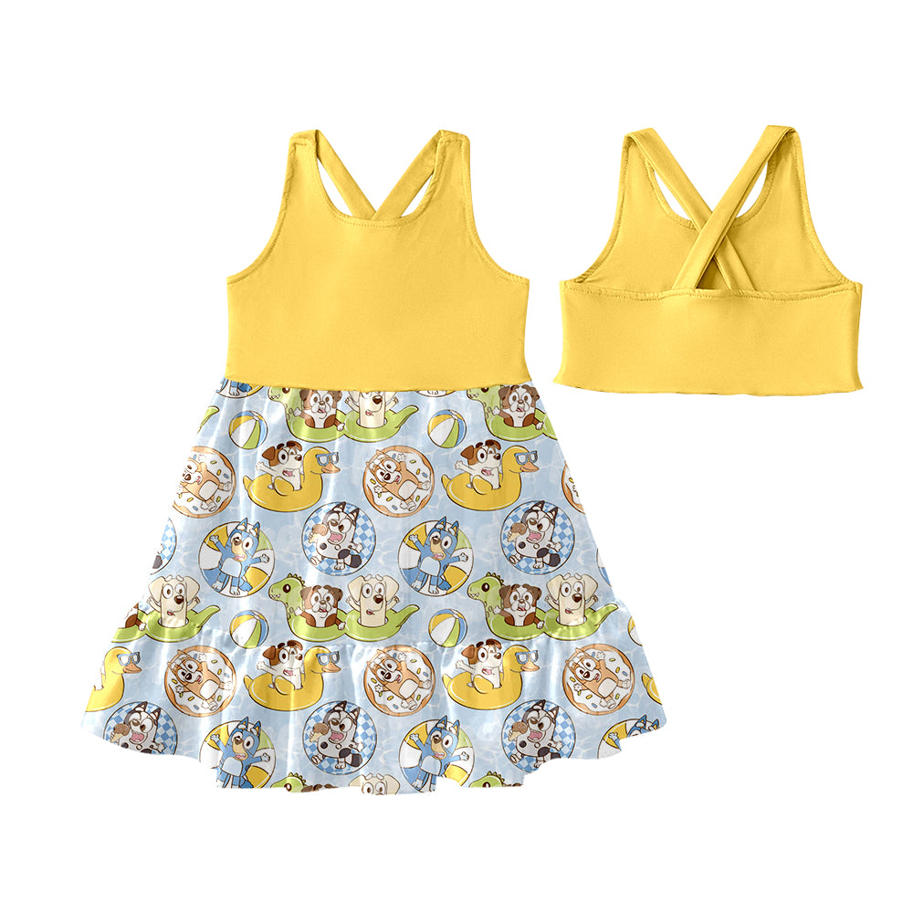 Preorder (moq 5)Baby Girls Yellow Sleeveless Colorful Dogs Patchwork Knee Length Dress