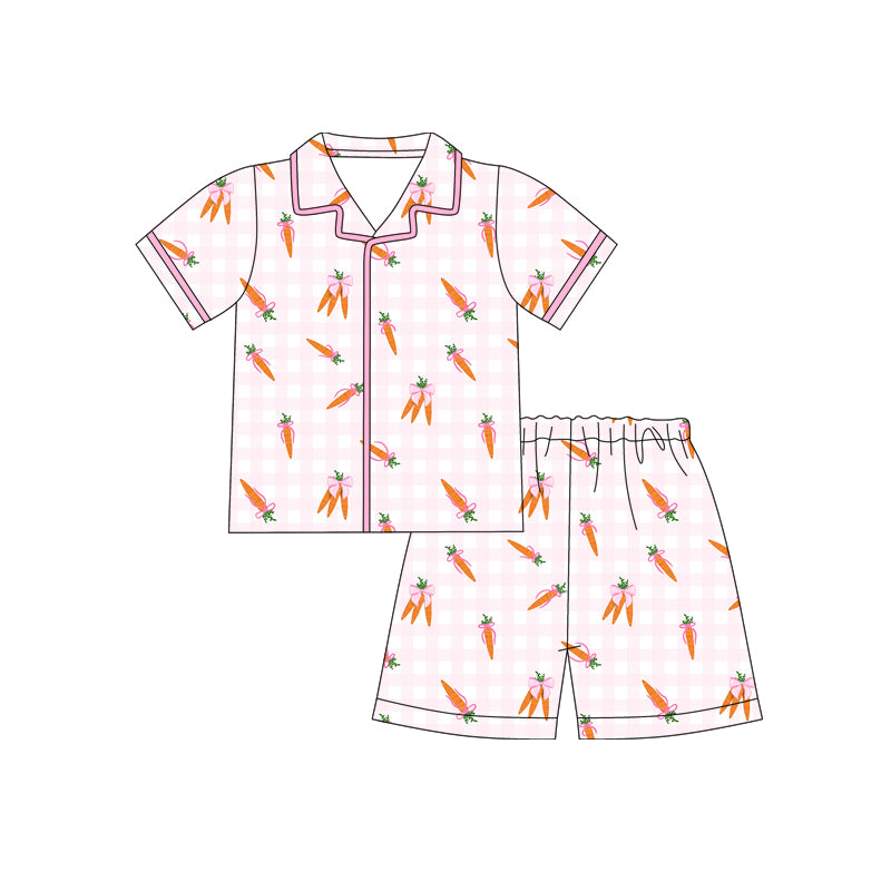 Preorder (moq 5)Baby Girls Bows Carrots Checked Button Top Shorts Easter Pajamas Sets