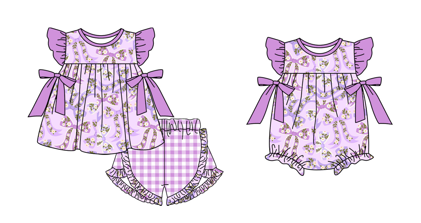 Preorder(moq 5 each)Sibling Baby Girls Purple Bows Flowers Tunic Top Shorts Bows Rompers Clothes Sets