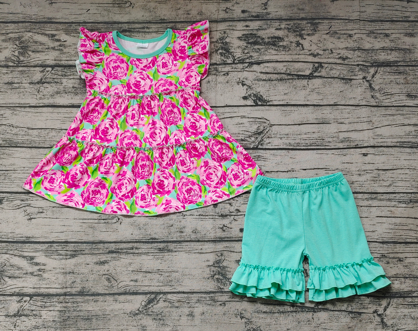Baby Girls Pink Rose Flowers Tunic Green Shorts Summer Clothes Sets