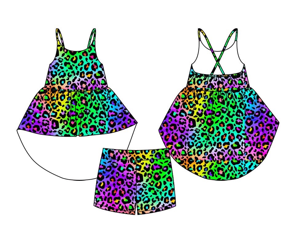Preorder (moq 5)Baby Girls Colorful Leopard Straps Tunic Short Set