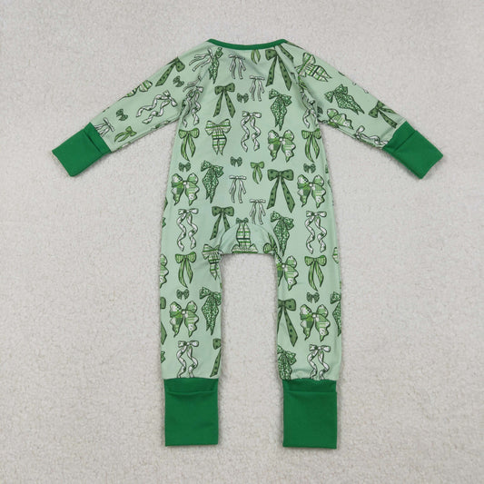 Baby Boys Green Clover Bows St Patrick Zipper Footie Rompers