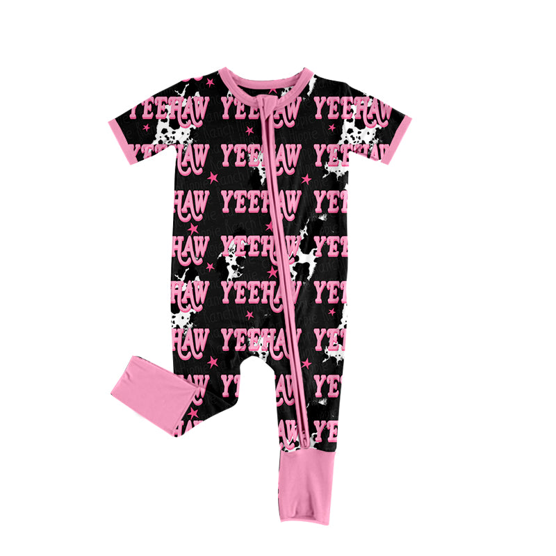 Preorder (moq 5)Baby Girls Cow Print Lights Yeehaw Western Zipper Footie Rompers