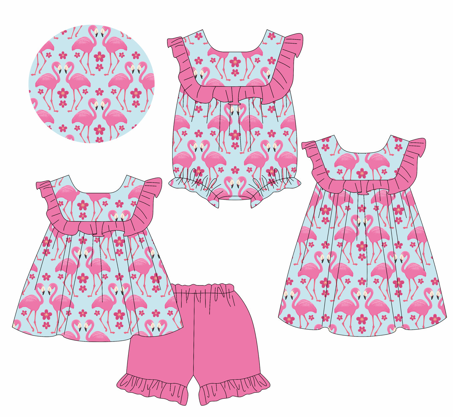 Preorder moq 5 Custom Baby Girls Pink Sleeveless Flowers Flamingos Tunic Ruffle Short Set Knee Length Dress Rompers