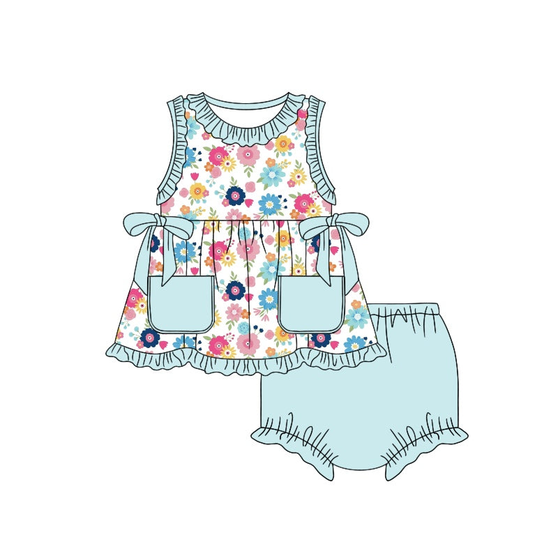 Baby Girls Toddler Blue Flowers Bows Tunic Top Bummie Sets preorder(moq 5)