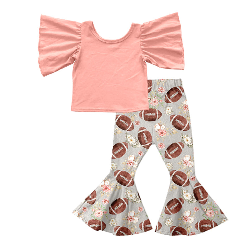 Baby Girls Pink Top Football Flowers Bell Pants Clothes Sets Preorder(moq 5)