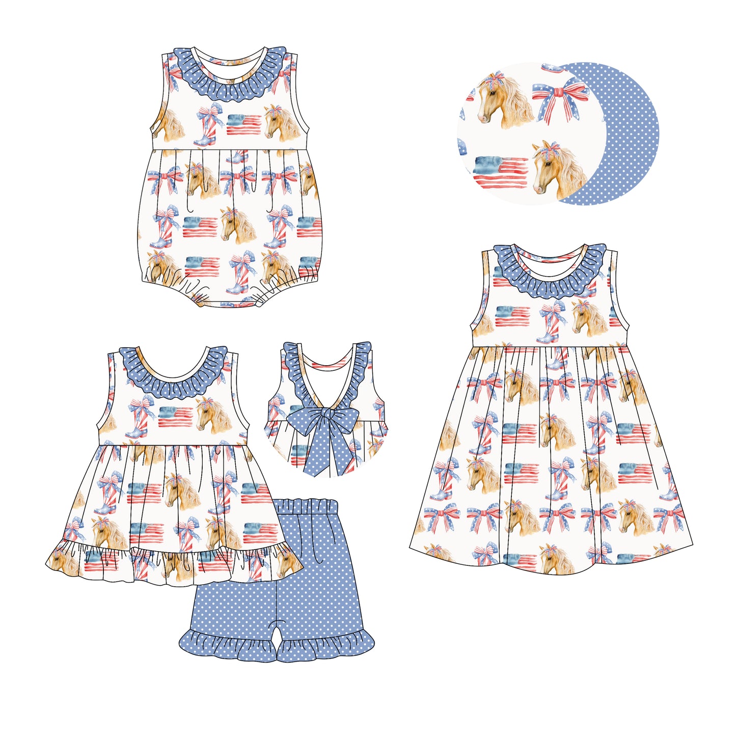 Preorder moq 5 Custom Baby Girls Sleeveless Horses Flags Tunic Ruffle Short 4th Of July Set Knee Length Dress And Rompers
