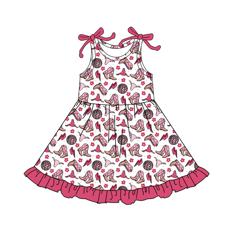 Preorder moq 5 Baby Girls Boot Cow Flowers Western Ruffle Knee Length Dresses