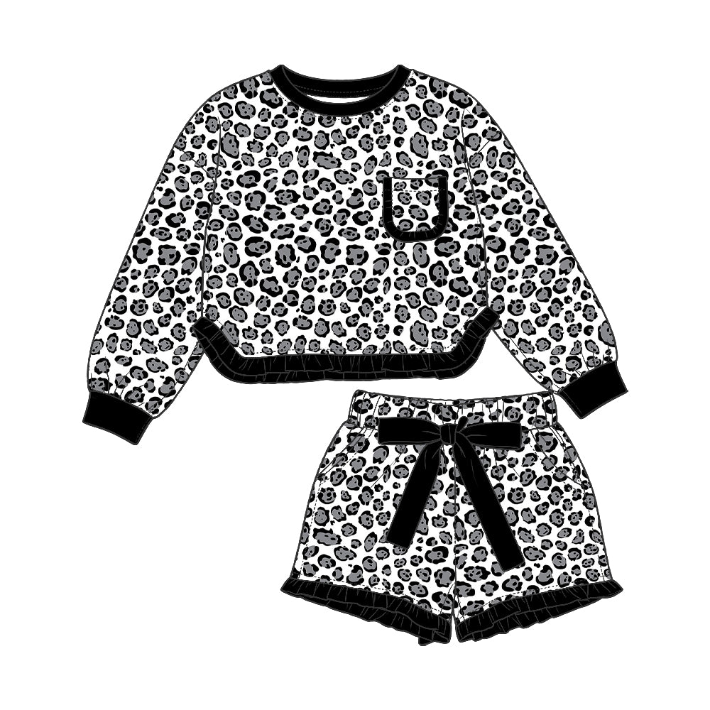 Preorder (moq5) Baby Girls Grey Leopard Pocket Top Ruffle Bow Short Clothes Set