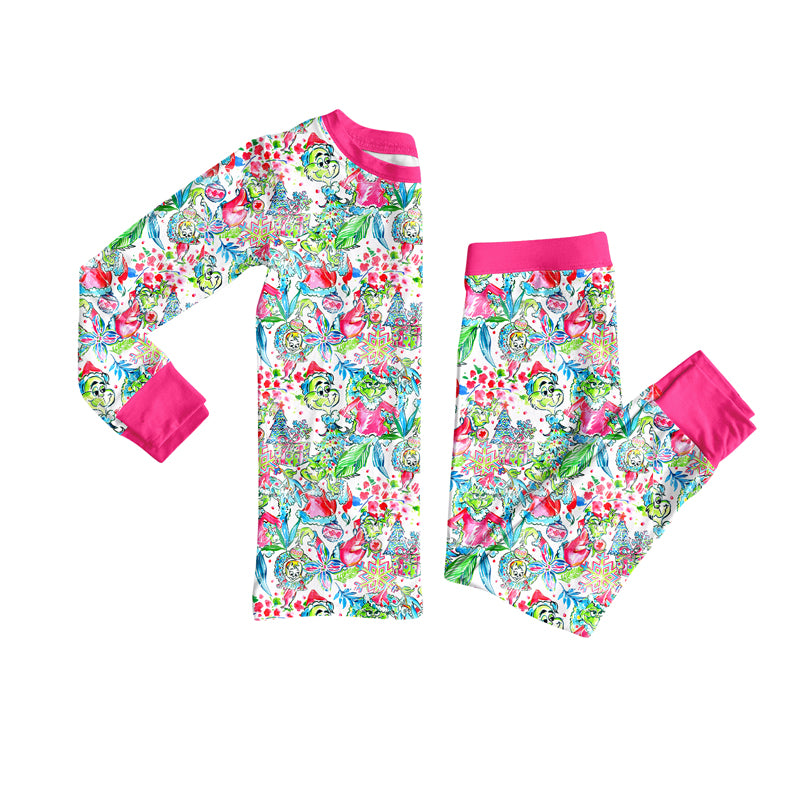 Preorder (moq 5)Baby Girls Green Face Floral Top Pants Christmas Pajamas Set