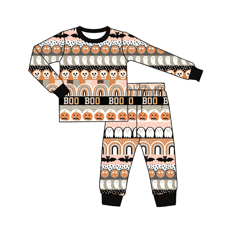 Preorder (moq 5)Baby Boys Long Sleeves Black Smiles Rainbows Stripe Top Pant Pajamas Set