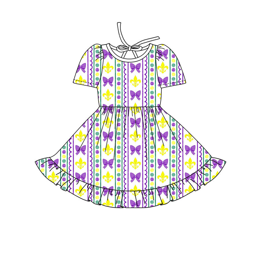 Preorder(moq 8)Baby Girls Mardigras Bows Anchors Stripe Ruffle Knee Length Dresses