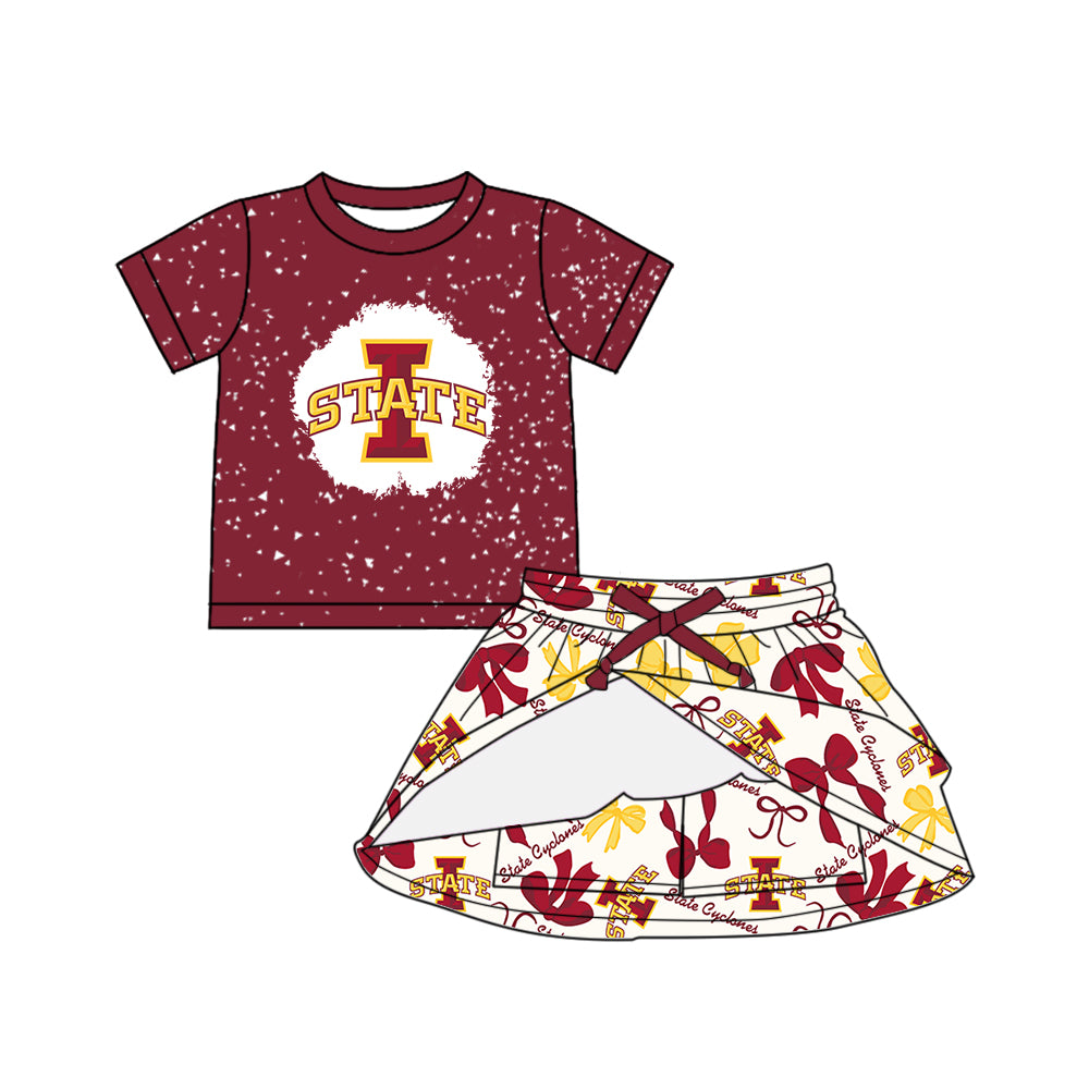 Preorder (moq 5)Baby Girls Red Short Sleeves State Top Bows Plaid Skhort Team Set