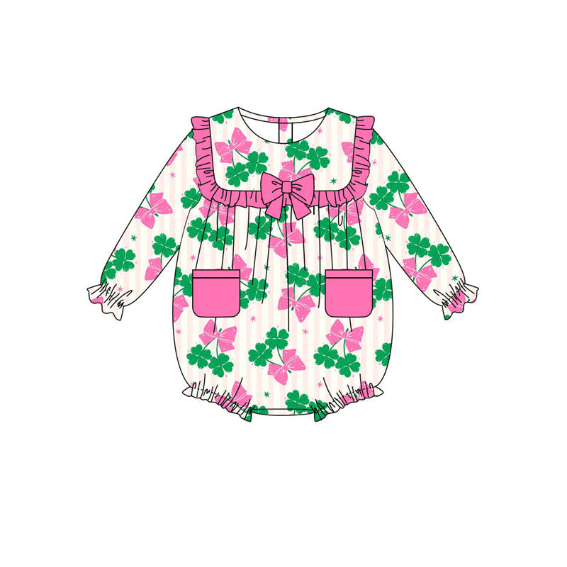 Preorder(moq 8)Baby Girls Pink Stripe Clovers Bows Pockets St Patrick Ruffle Rompers