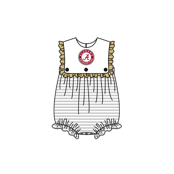 Preorder (moq 5)Baby Girls Sleeveless Grey Stripe A Team Ruffle Rompers