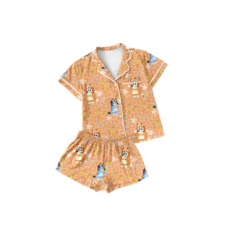 Preorder (moq 5)Baby Girls Orange Plaid Flowers Cartoon Dogs Buttons Pocket Top Shorts Pajamas Sets