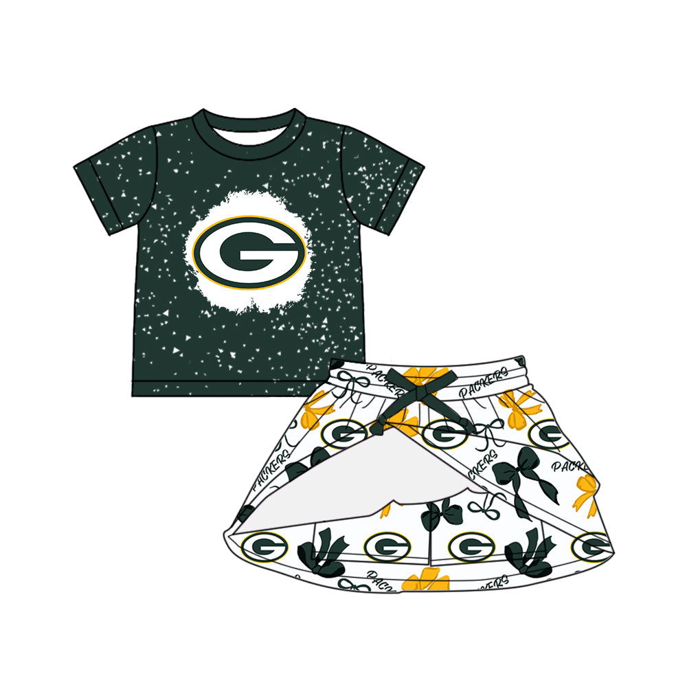 Preorder (moq 5)Baby Girls Green Short Sleeves G Top Bows Plaid G Skorts Team Set