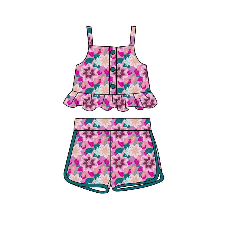 Preorder (moq 5)Baby Girls Purple Flowers Leaves Straps Top Shorts Clothes Sets