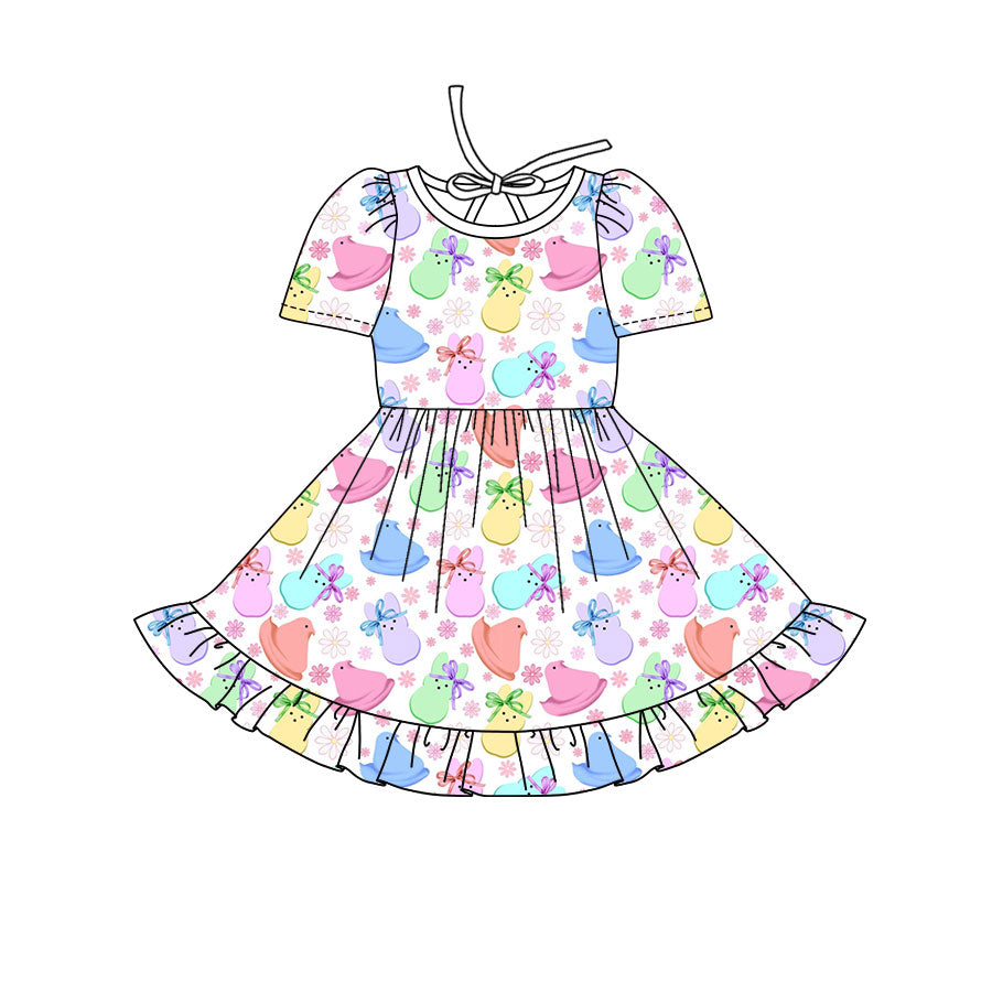 Preorder(moq 8)Baby Girls Colorful Rabbits Chicks Flowers Easter Ruffle Knee Length Dress