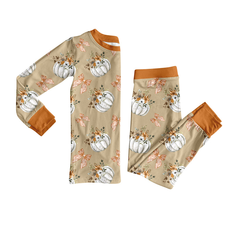Preorder (moq 5)Baby Girls Long Sleeves Bows Pumpkins Plaid Top Pants Pajamas Set