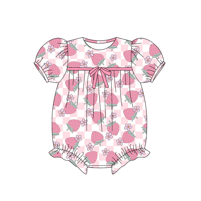 Preorder (moq 5)Baby Girls Pink Plaid Short Ruffle Sleeves Strawberry Flowers Rompers