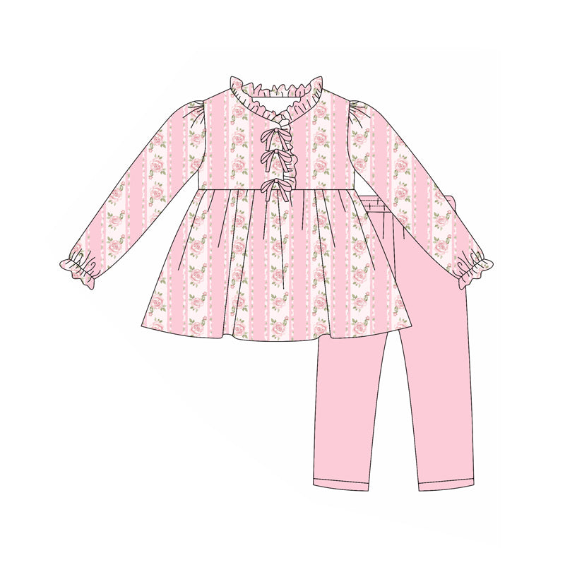 Preorder(moq 5) Baby Girls Long Ruffle Sleeves Pink Flowers Stripe Tunic Legging Pants Set