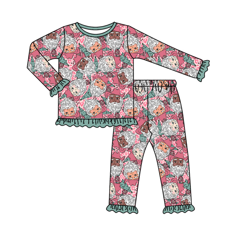 Preorder (moq 5)Baby Girls Long Sleeves Leopard Santa Top Ruffle Pant Pajamas Clothes Set