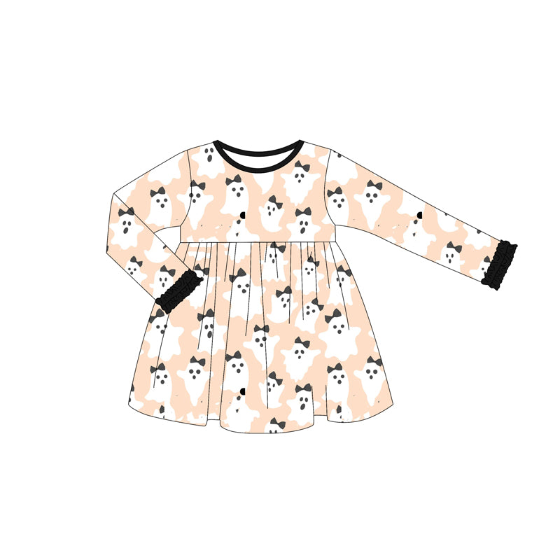 Preorder (moq 5)Baby Girls Long Ruffle Sleeves Bows Ghosts Plaid Knee Length Dresses