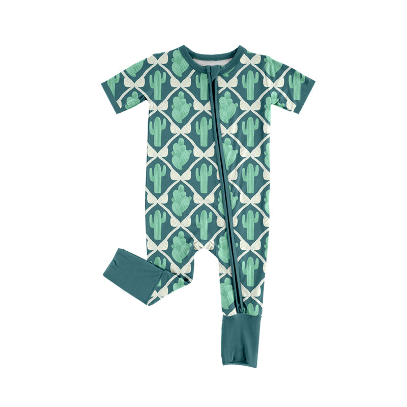 Preorder (moq 5)Baby Girls Bows Cactus Checked Western Two Way Zip Convertible Rompers