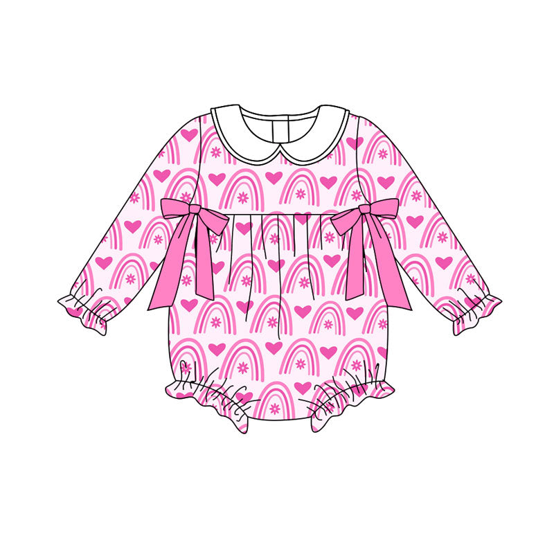 Preorder (moq 5)Baby Boys Pink Rainbows Hearts Bows Valentine Ruffle Rompers