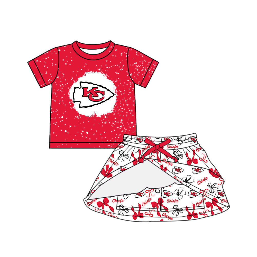 Preorder (moq 5)Baby Girls Red Short Sleeves KC Top Bows Plaid Skorts Team Set