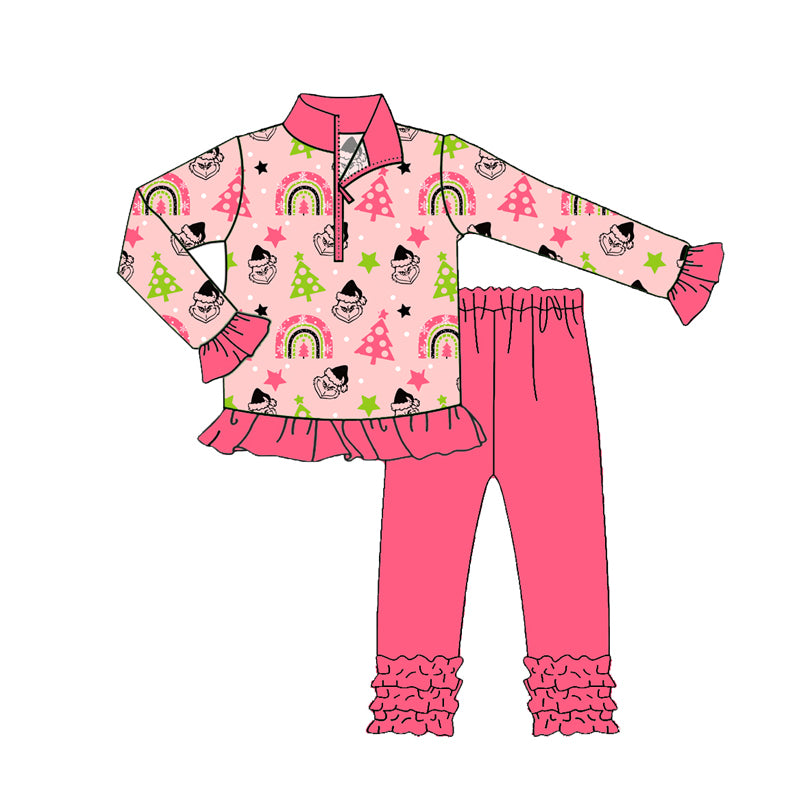 Preorder(moq 5) Baby Girls Pink Christmas Trees Green Face Zipper Pullover Legging Pants Set