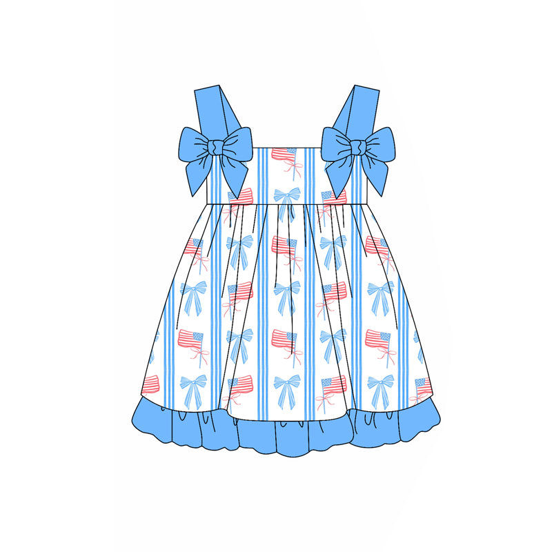 Preorder moq 5 Baby Girls Blue Strap Flags Bows 4th Of July Knee Length Dresses