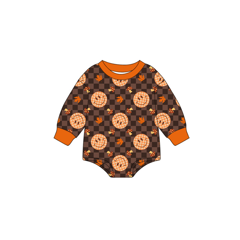 Preorder moq 5 Baby Infant Boys Long Sleeves Brown Plaid Smiles Leaves Romper