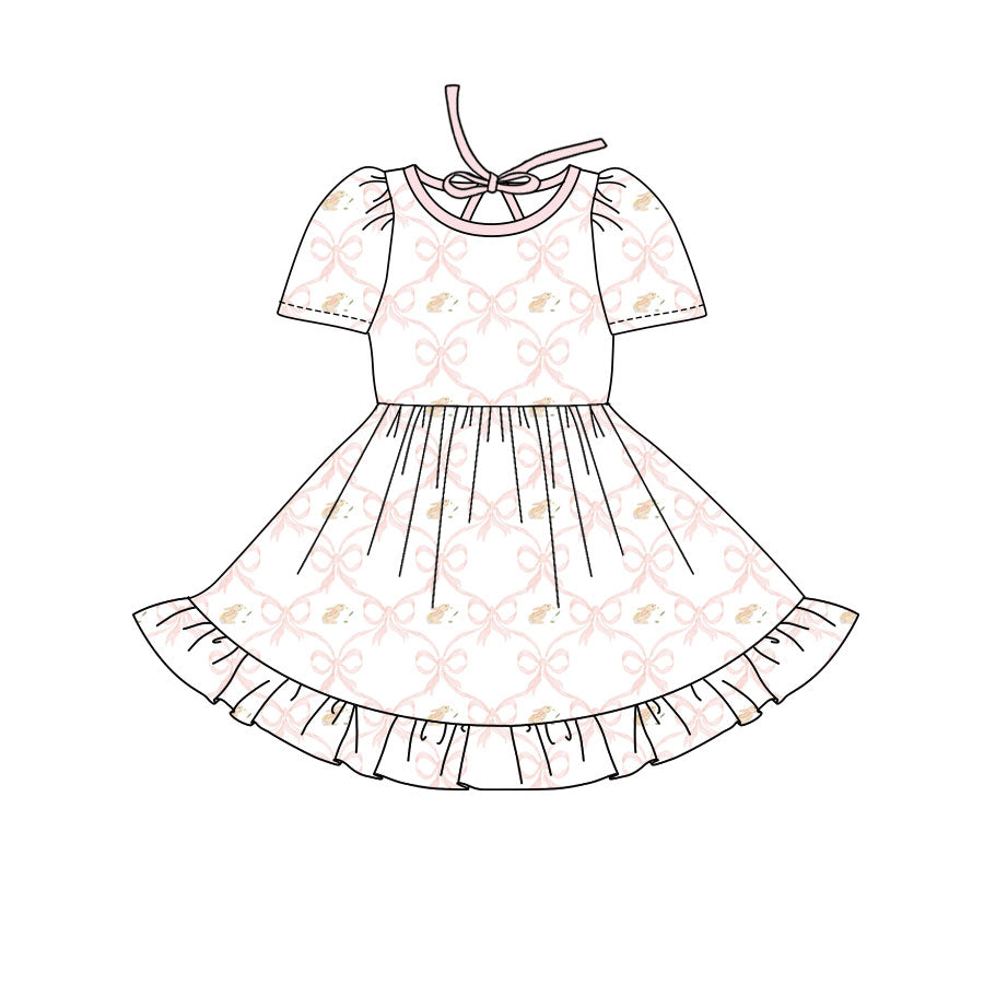Preorder(moq 8)Baby Girls Pink Bows Checked Rabbits Easter Ruffle Knee Length Dresses