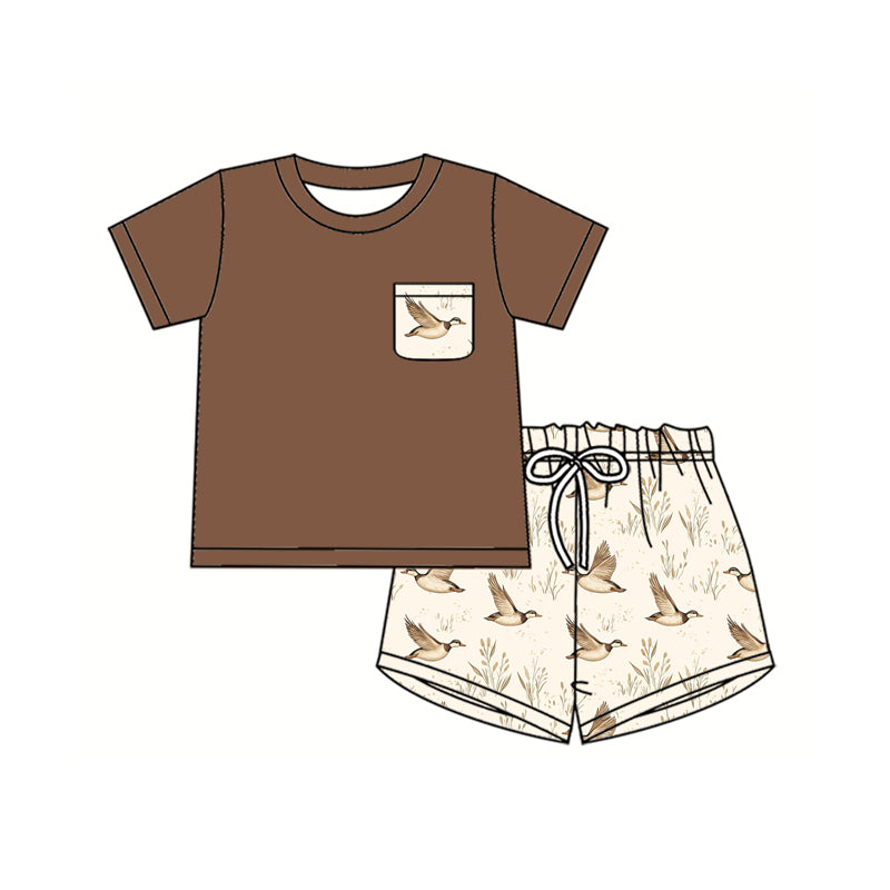 Preorder moq 5 Baby Boys Brown Short Sleeves Pocket Top Ducks Short Set
