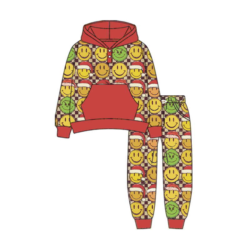 Preorder(moq 5) Baby Boys Long Sleeves Green Face Smiles Plaid Pockets Button Hoodies Pants Set