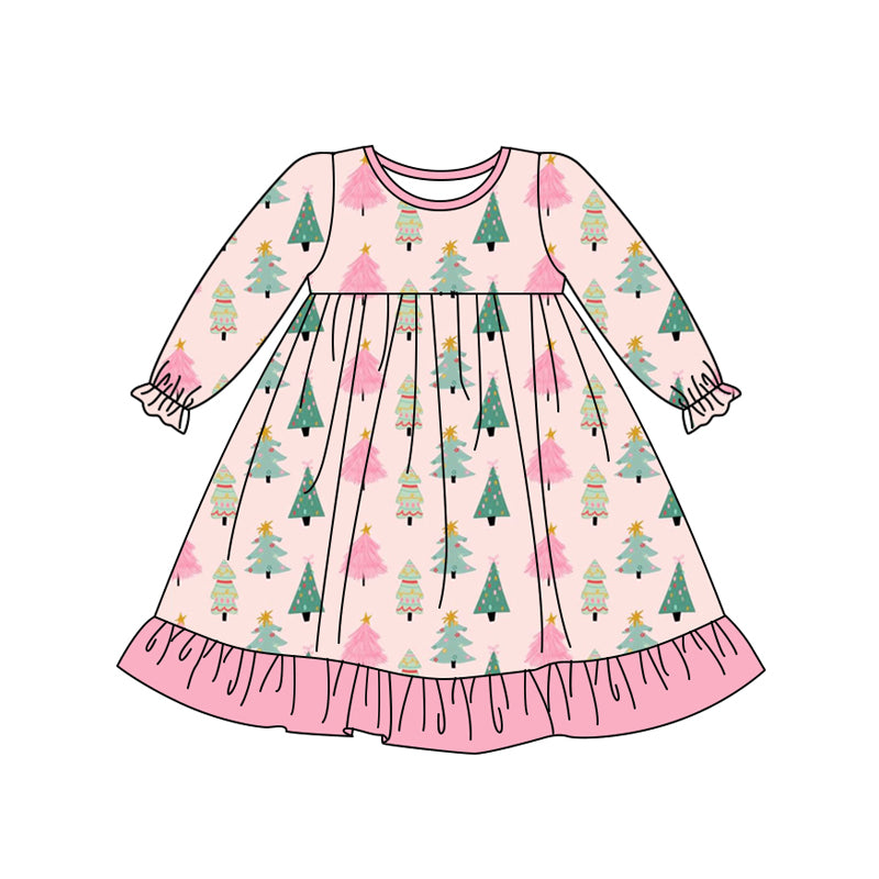 Preorder (moq 5)Baby Girls Pink Long Ruffle Sleeves Bow Trees Plaid Knee Length Dresses