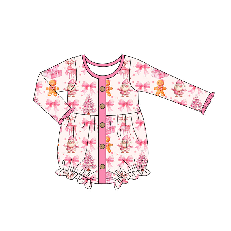 Preorder (moq 5)Baby Girls Long Sleeves Pink Bows Santa Gingerbread Button Ruffle Romper
