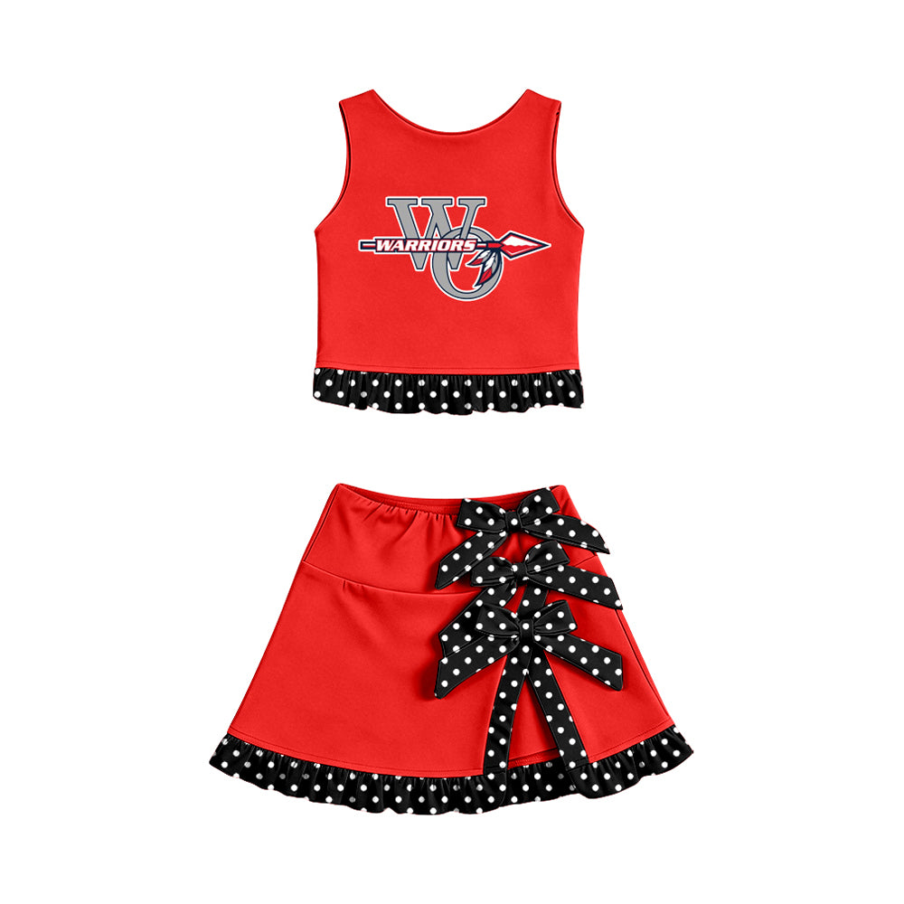 Preorder (moq 5)Baby Girls Warriors Vest Black Polka Dots Bows Short Skirt Short Team Yoga Active Clothes Set
